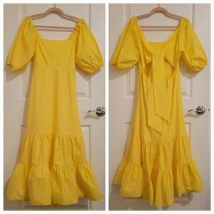 NWT Tanya Taylor Cynthia Puff-Sleeve Open Back-Tie Midi Dress Lemon Zest 0